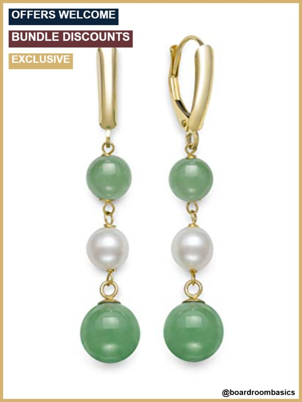 14K Yellow Gold Jade Pearl Drop Dangle Earrings Women Fine Jewelry